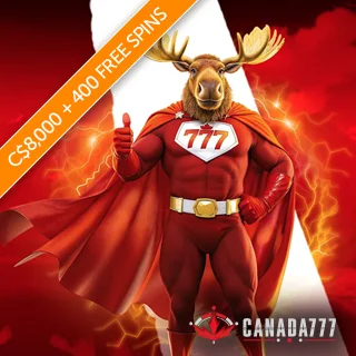 Diagonal orange banner promoting C$8,000 and 400 free spins from Canada777 Casino with the welcome hero Canadian Moose dressed as a superhero as a backdrop.