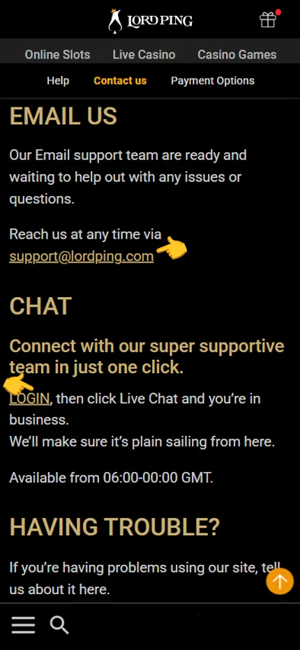 Lord Ping Casino customer support options